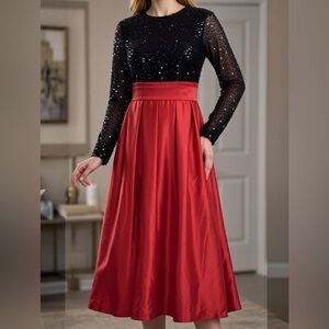 AO YAN Black Red Maxi Dress Medium Long Sleeve Sequined Satin Christmas Holiday